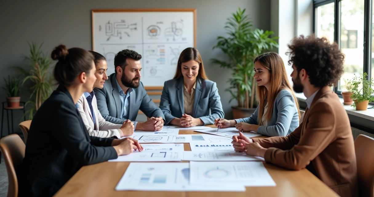 Pessoas em uma sala de reunião avaliando gráficos de desempenho emocional