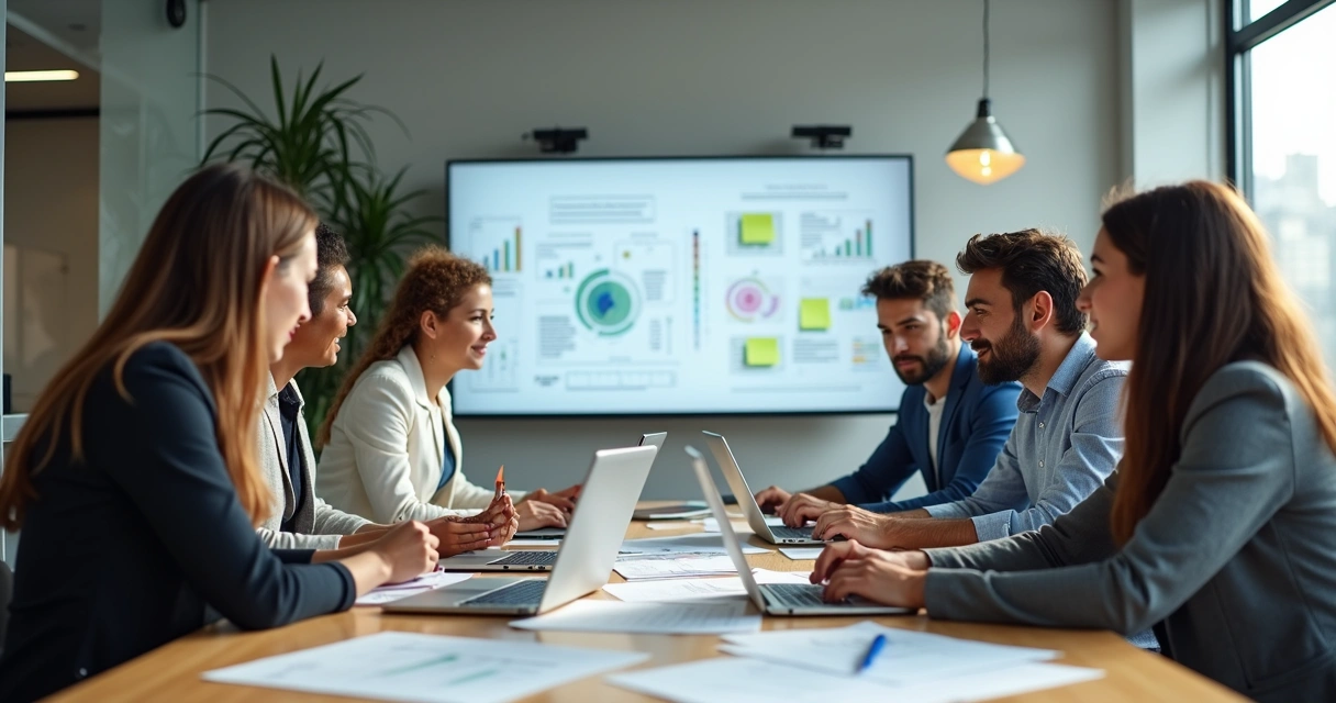 Equipe reunida avaliando indicadores de impacto em ambiente colaborativo 