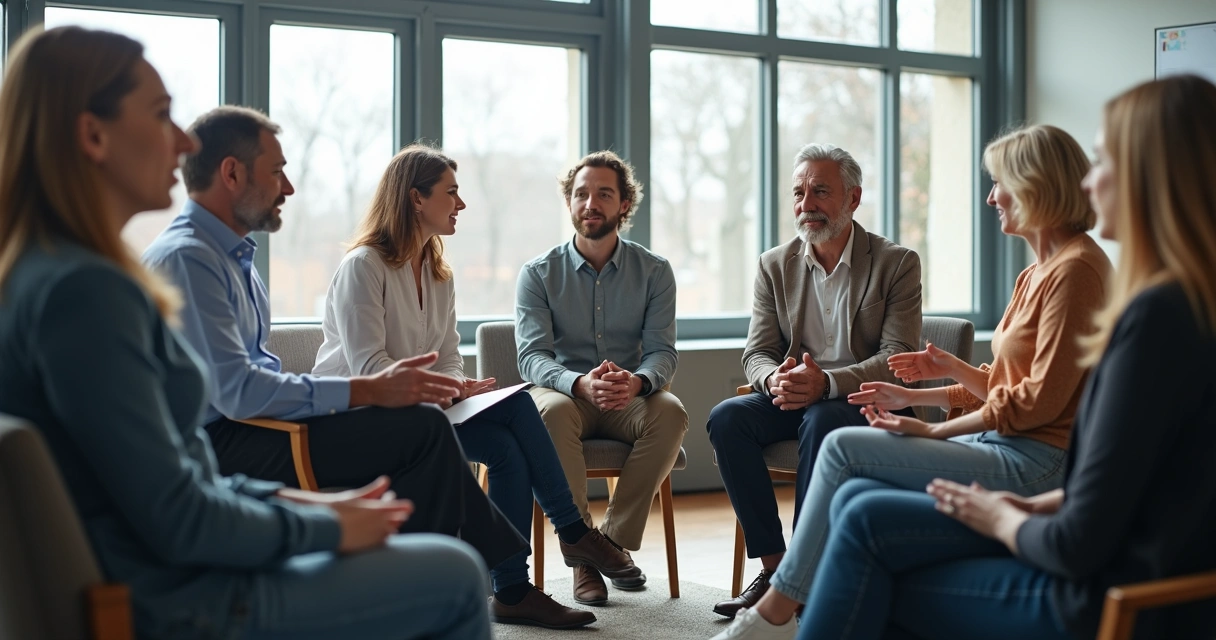 Grupo de pessoas em reunião, diferentes idades, conversando em círculo