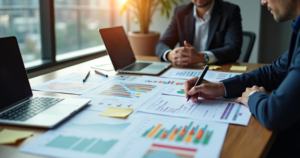 Avaliação empresarial com gráficos e cálculos em mesa 