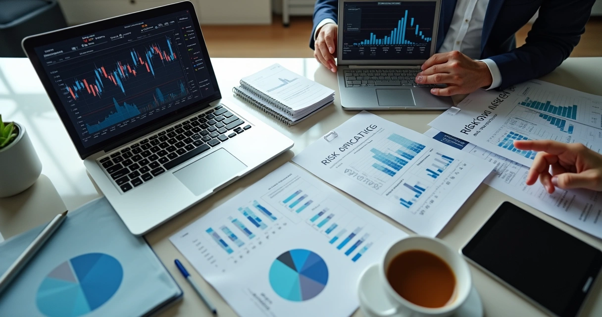 Análise financeira em notebooks e papéis com gráficos