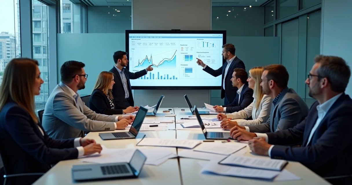 Equipe de consultores analisando documentos financeiros em uma grande mesa de reunião 