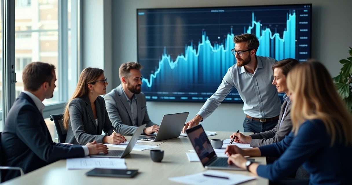 Equipe avaliando plataforma financeira em reunião 
