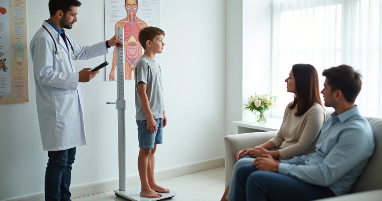 Pediatra avaliando desenvolvimento físico de menino em consulta infantil 