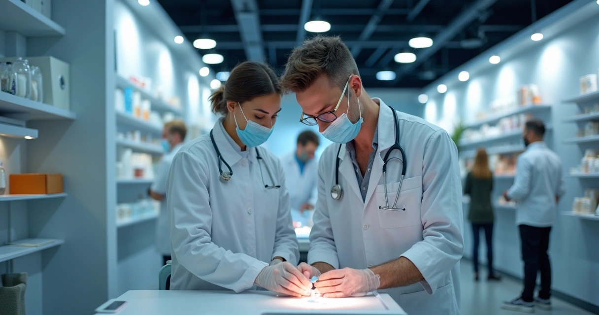 Profissional analisando equipamentos odontológicos em exposição 