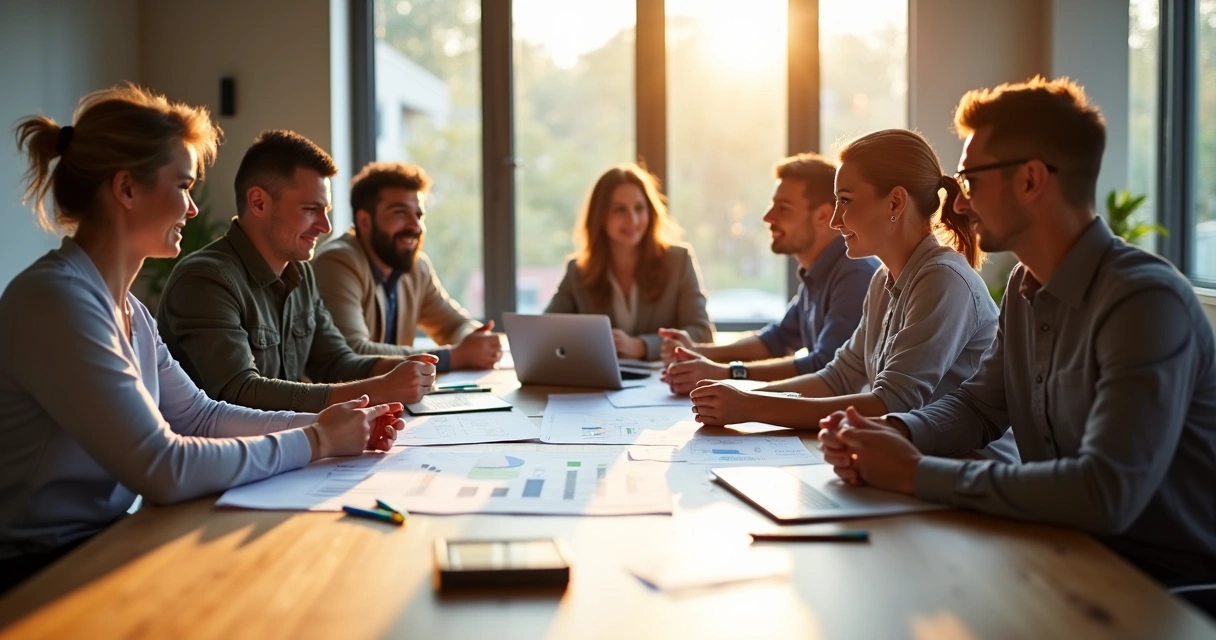Equipe diversa reunida em mesa discutindo ideias, rostos atentos, clima colaborativo 