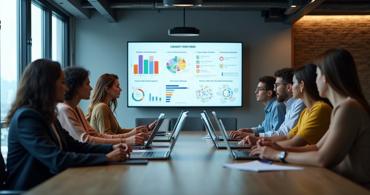Equipe em reunião avaliando indicadores humanos em notebooks e gráficos em parede