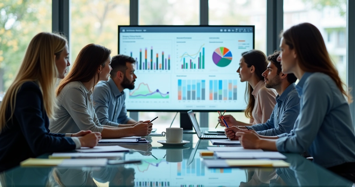 Equipe colaborativa avaliando desempenho em ambiente corporativo 