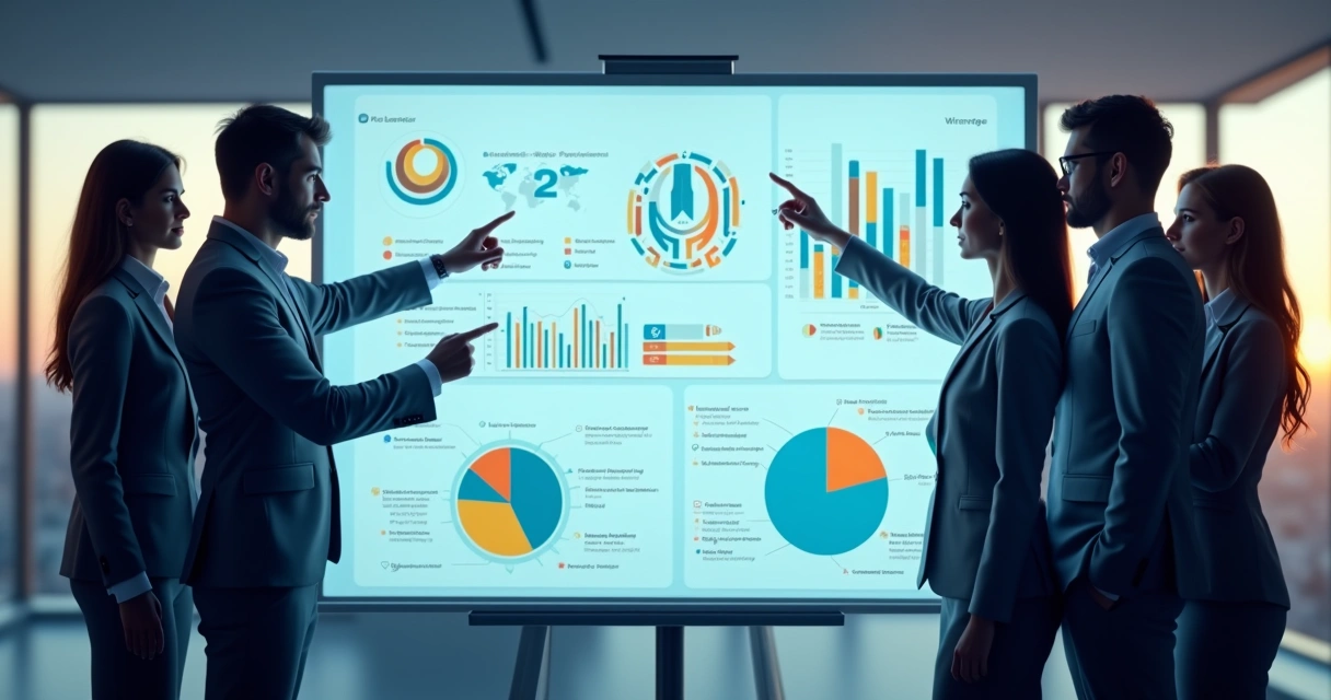 Equipe analisando critérios para parceria SaaS em painel digital 
