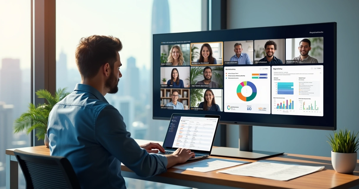 Gestor avaliando equipe remota em videoconferência com gráficos de desempenho equilibrados 