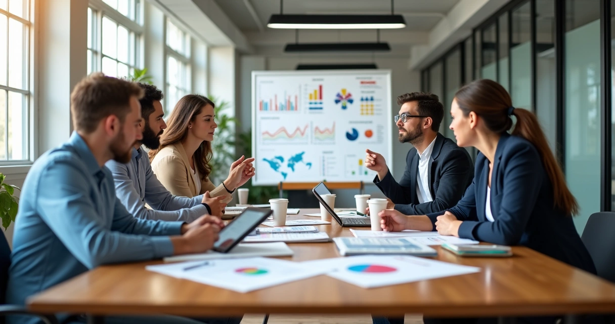 Equipe reunida em sala, analisando gráficos e discutindo resultados 