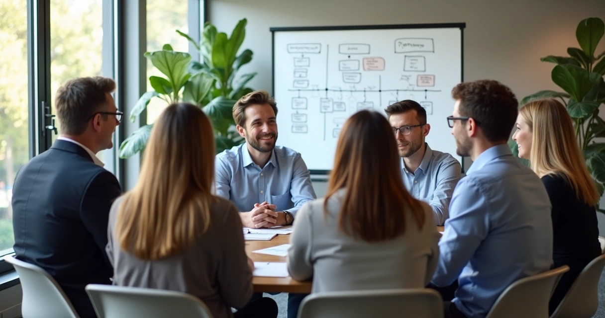 Pessoas sentadas formando círculo em reunião de avaliação, quadro branco ao fundo com rascunhos de processos 