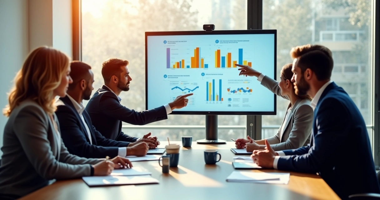 Equipe reunida analisando indicadores de mudança com gráficos em tela