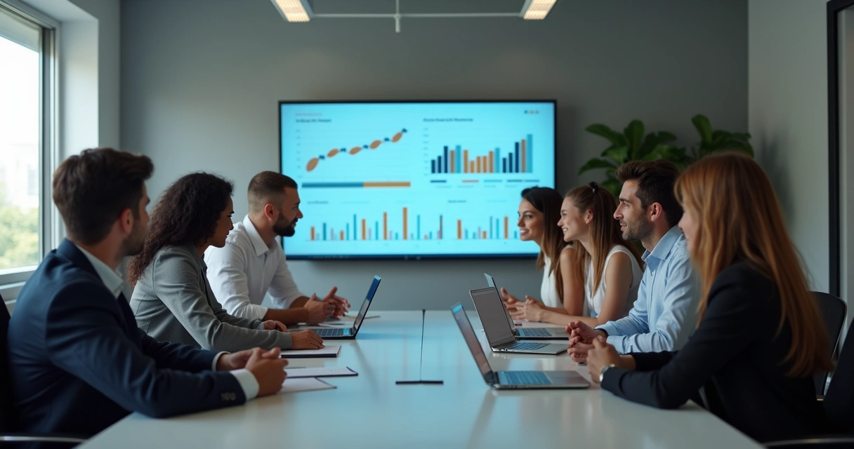 Equipe reunida discutindo indicadores sociais no ambiente de trabalho. 