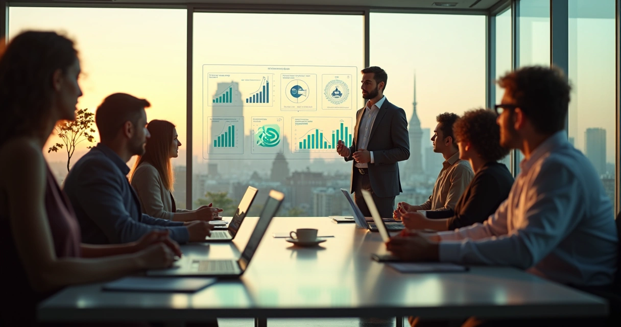 Líder avaliando equipe em painel digital com indicadores humanos 