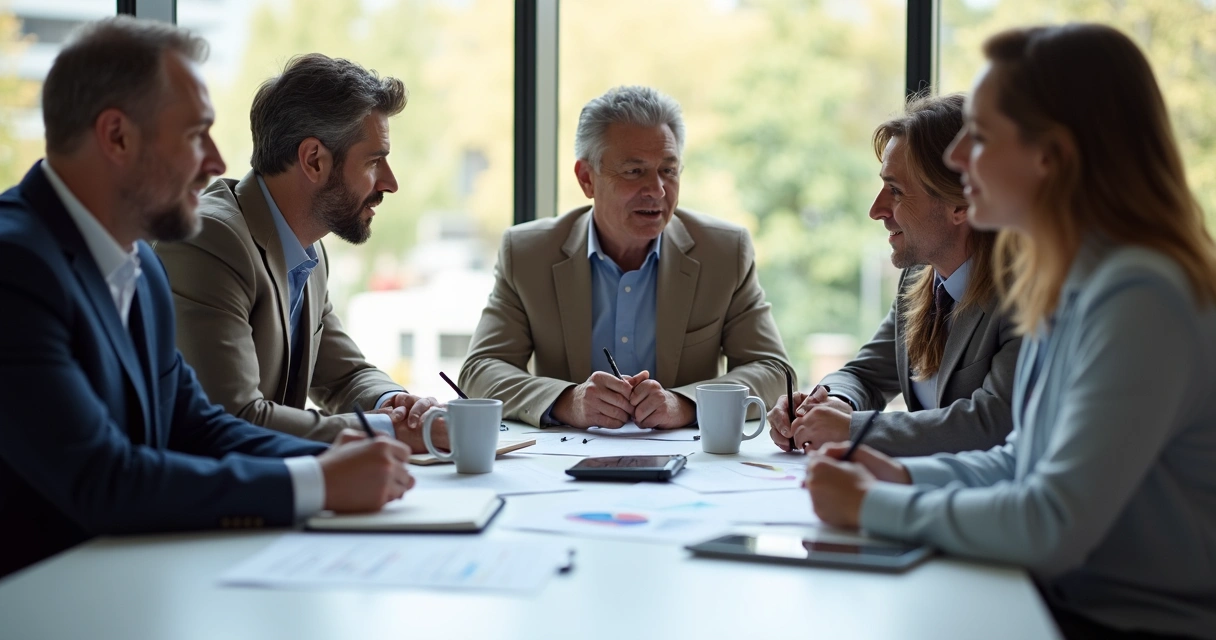 Equipe reunida em mesa mostrando discussão construtiva e anotações em papéis 