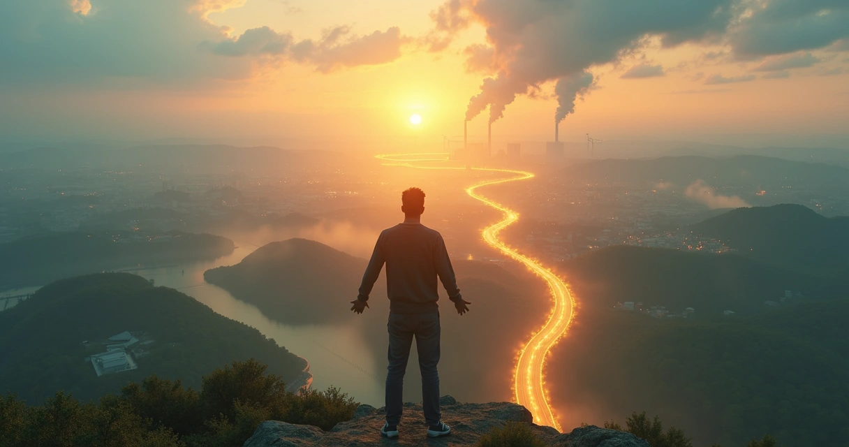 Pessoa em pé diante de diferentes caminhos luminosos avaliando escolhas conscientes 