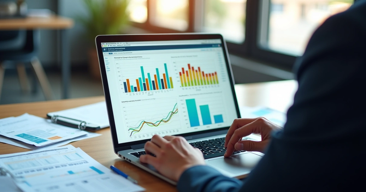 Executivo analisando gráficos e arquivos digitais sobre licenças de software em seu notebook