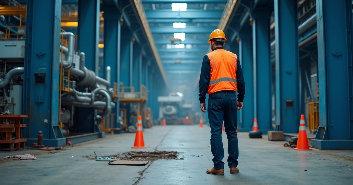 Engenheiro vistoriando estrutura metálica industrial 