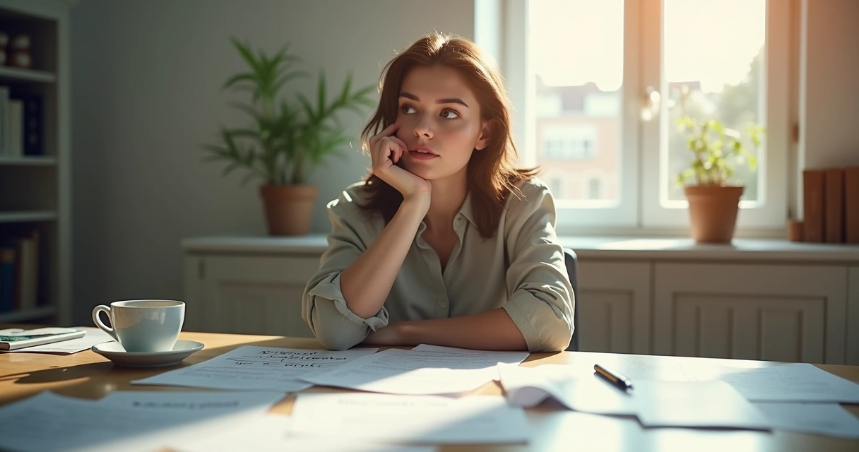Pessoa refletindo sozinha em ambiente de trabalho claro, com papéis de perguntas éticas sobre a mesa 