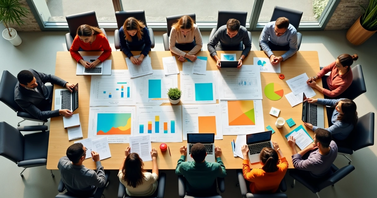 Mesa com pessoas reunidas analisando documentos de projeto social 