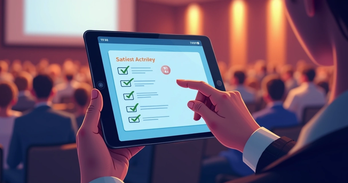 Enquete de satisfação de evento presencial em tablet com público no fundo