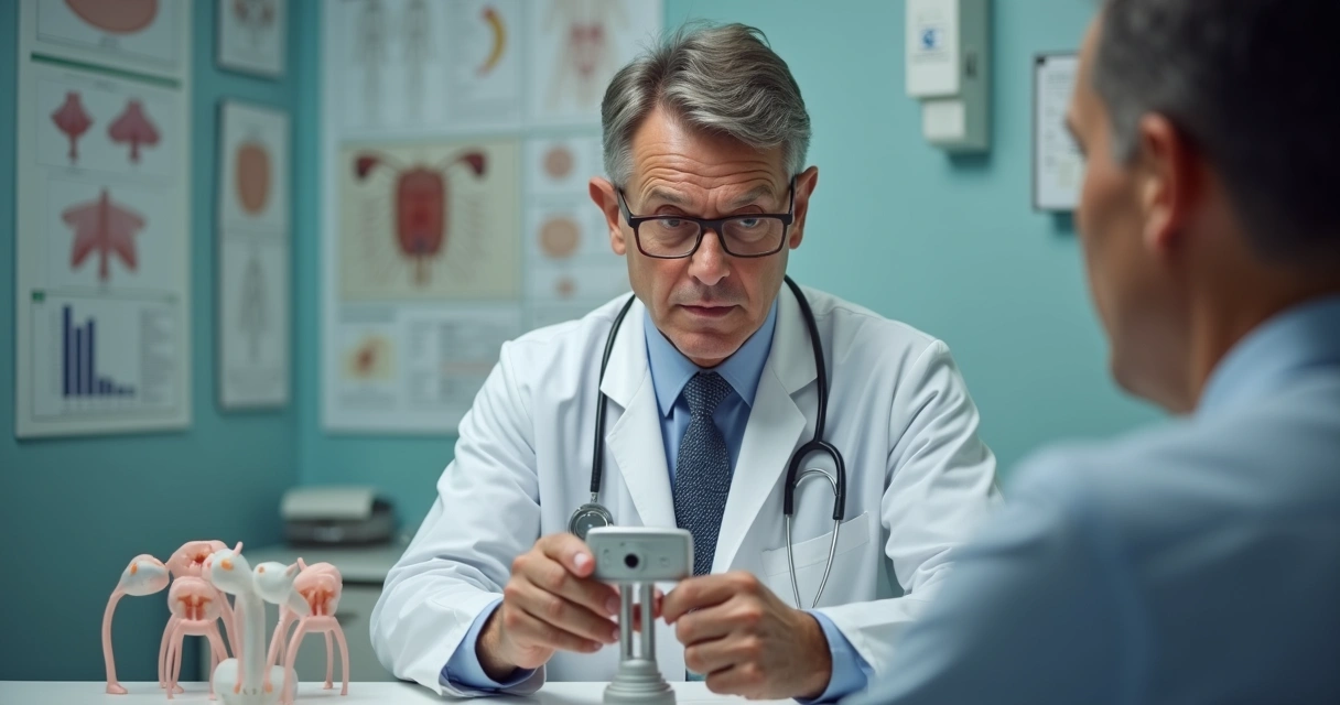 Médico realizando avaliação testicular com orquidômetro em consultório 