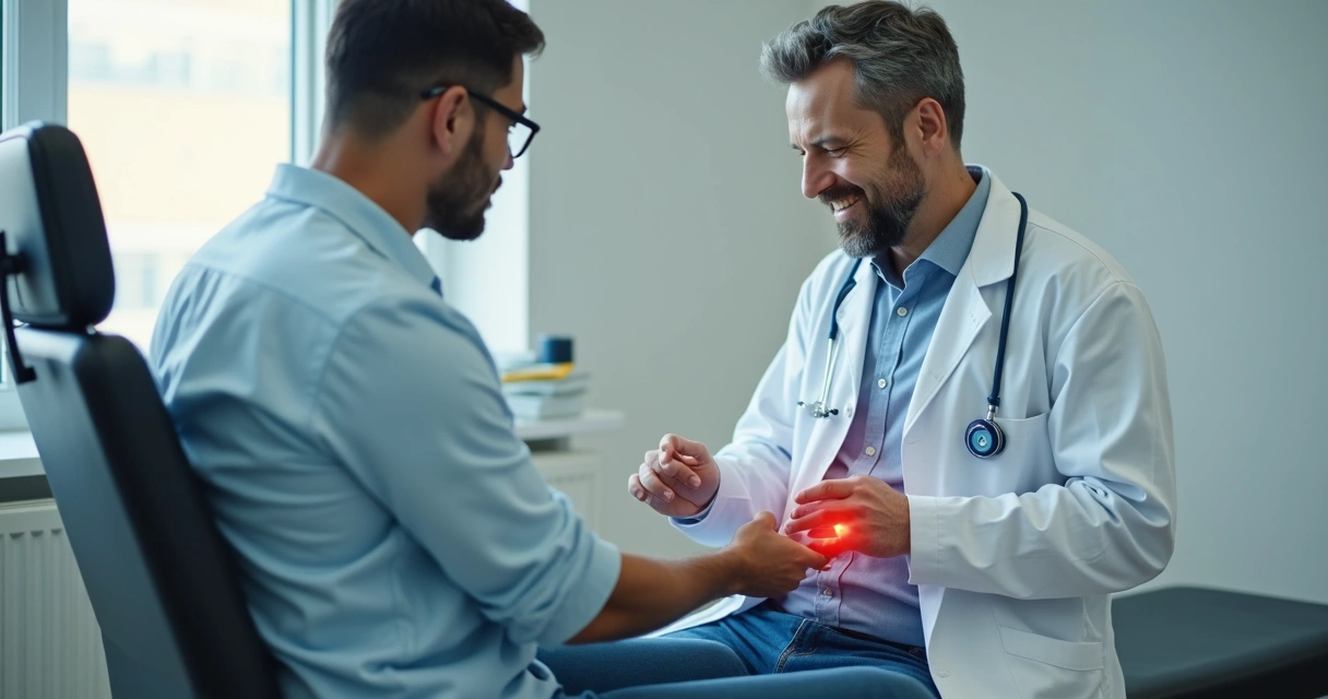 Médico realizando exame urológico em paciente masculino sentado na maca 