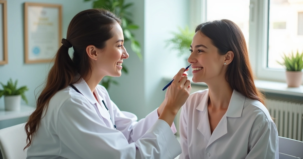 Paciente mulher sorrindo em consulta estética, com médica apontando áreas do rosto em ambiente moderno e claro. 