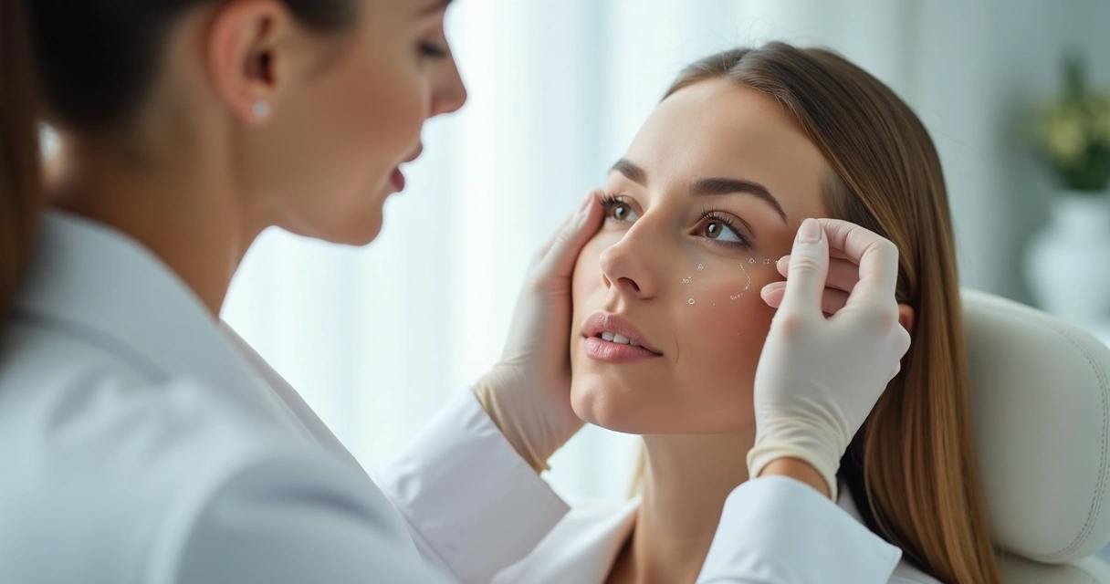 Profissional avaliando pontos do rosto em consulta estética