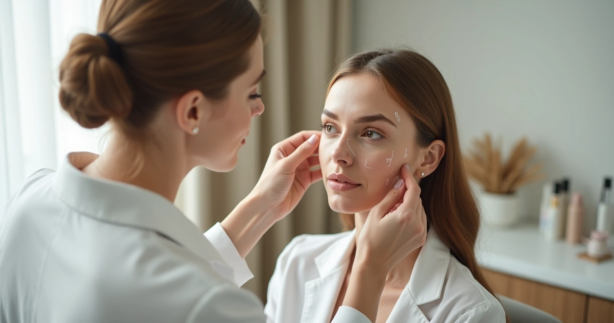 Avaliação facial em consultório estético com marcações no rosto 