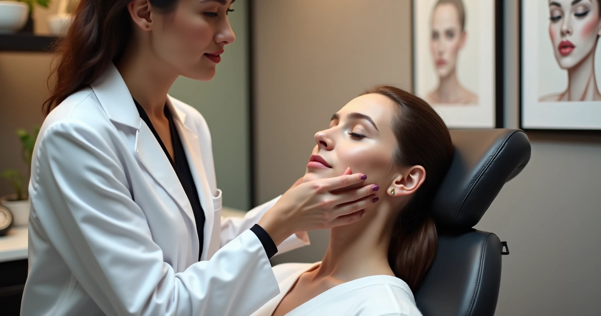 Profissional avaliando a pele do rosto em clínica estética 