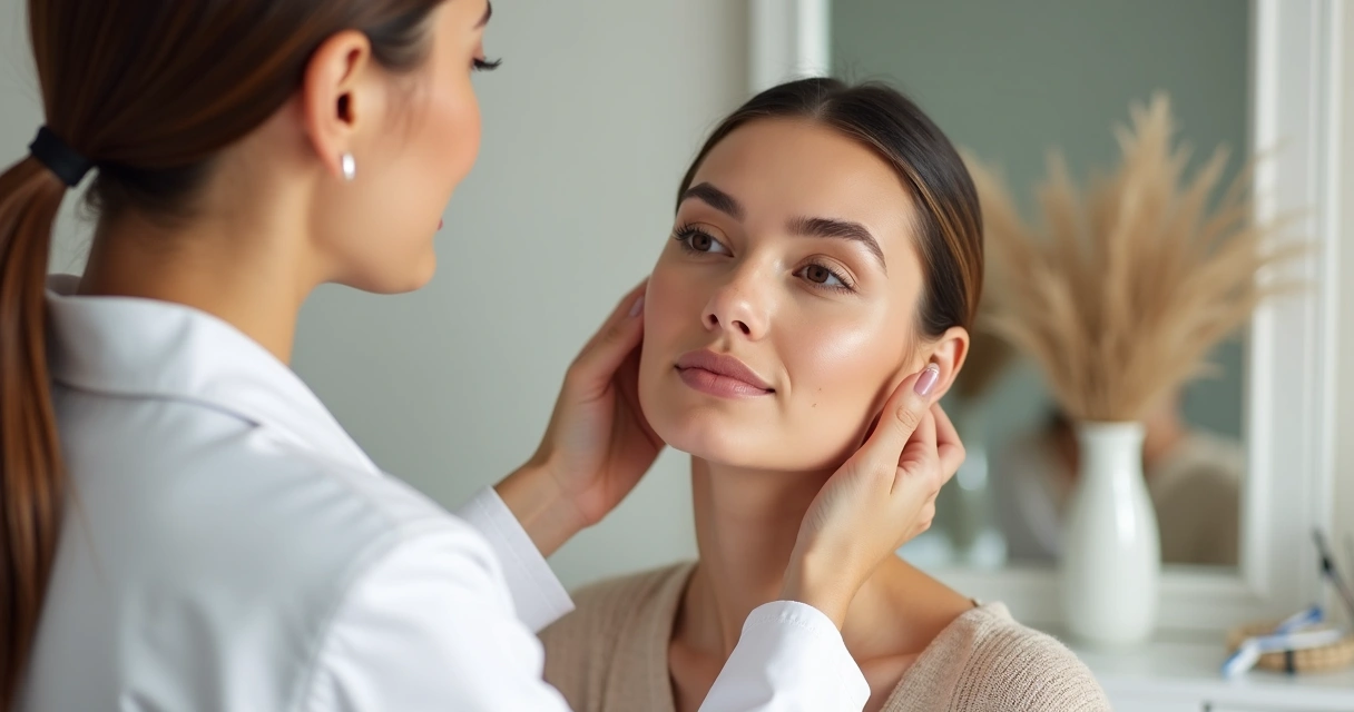 Avaliação facial em consultório estético com marcações anatômicas