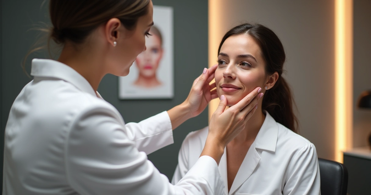 Profissional avaliando pele facial em consulta estética