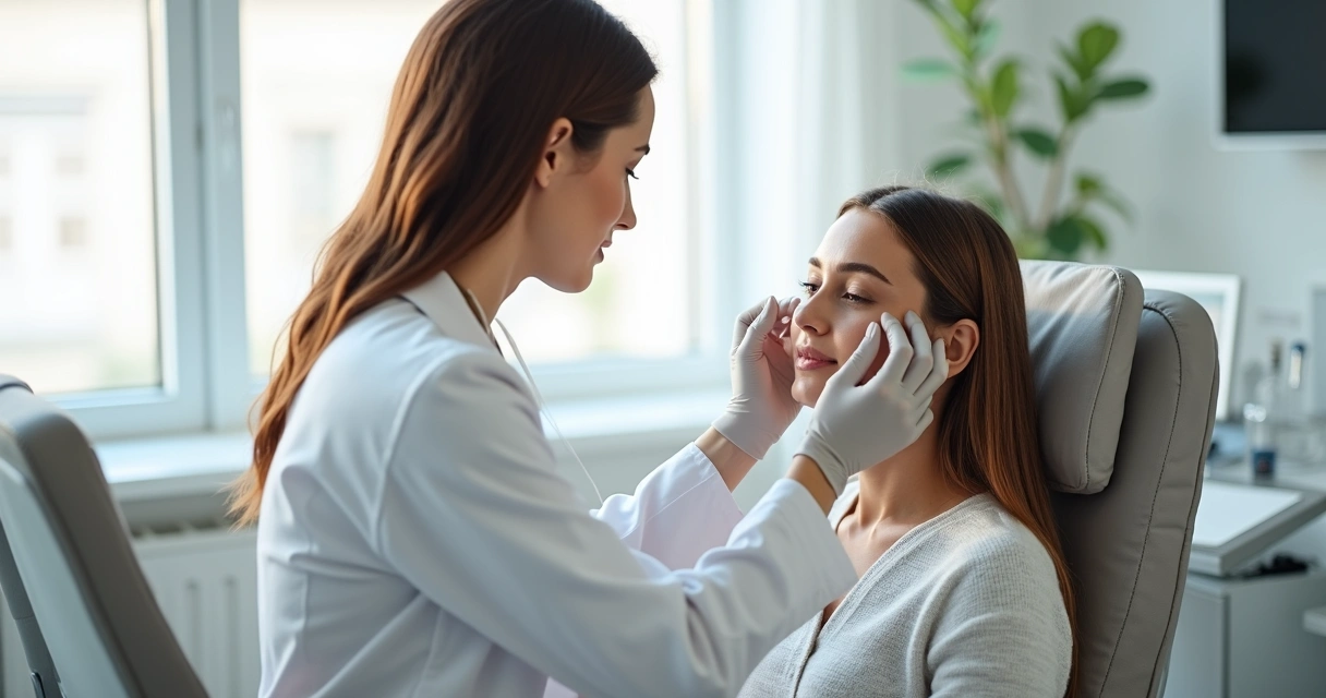 Avaliação facial feita por especialista em ambiente clínico 