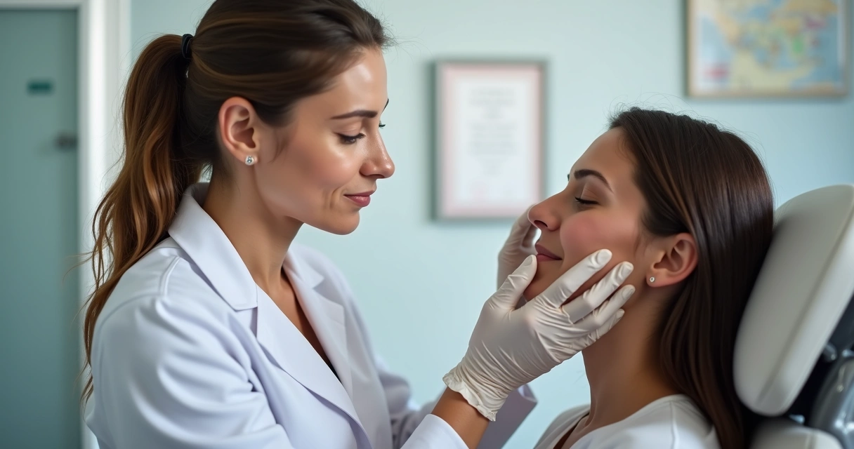 Médica avaliando rosto de paciente para procedimentos faciais 