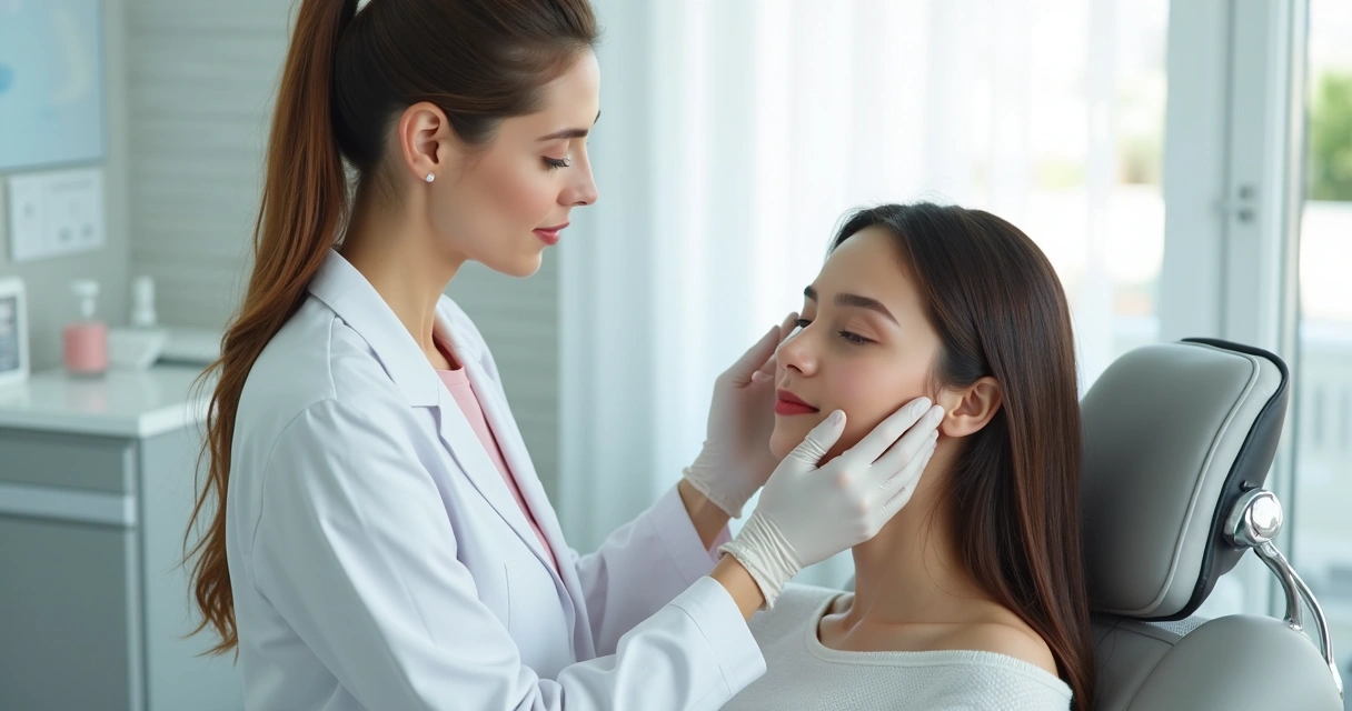 Profissional avaliando rosto de paciente em clínica de estética 