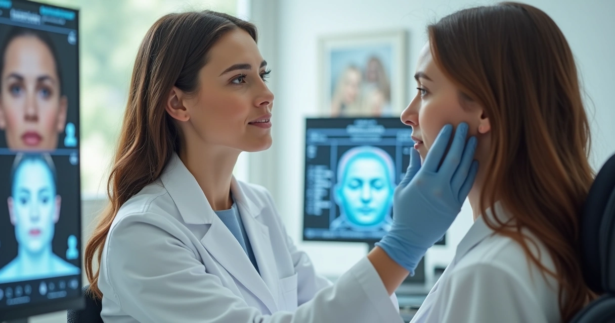 Médica avaliando o rosto de paciente em consulta presencial 