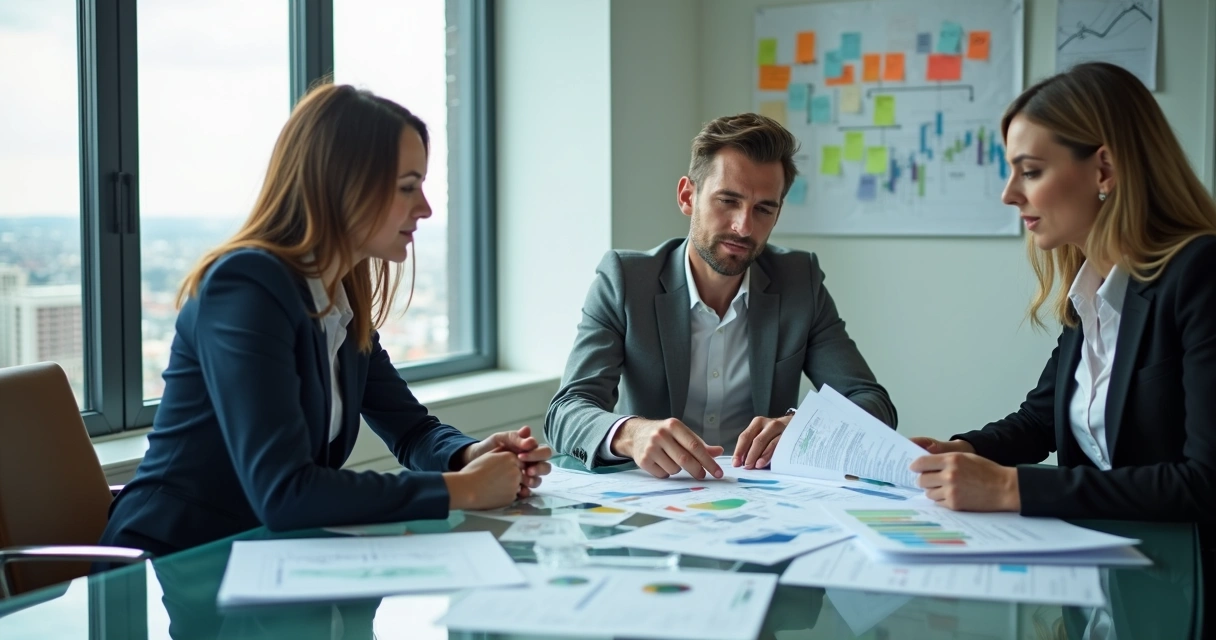 Equipe de profissionais analisando dados em um escritório moderno