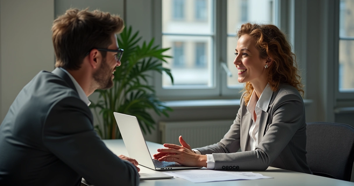 Duas pessoas conversando em um espaço profissional, trocando feedbacks de forma respeitosa e colaborativa 