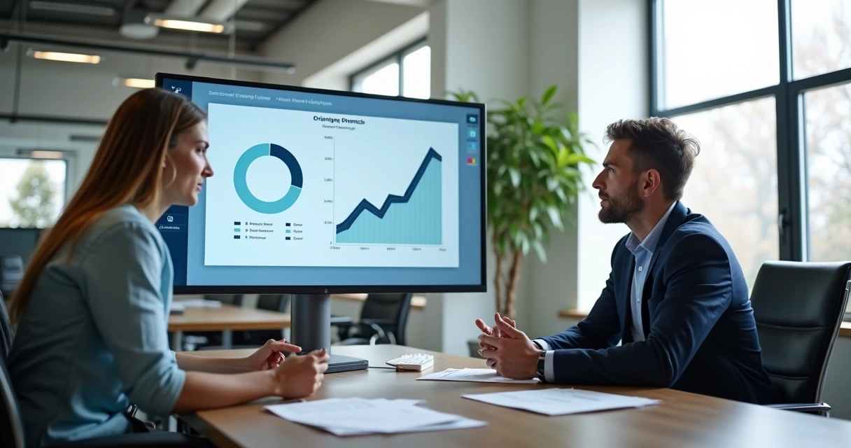 Dois gestores analisando gráficos de satisfação de onboarding digital na tela 