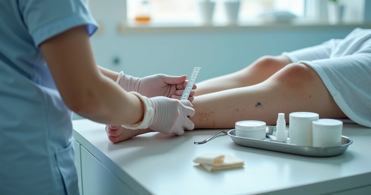 Profissional avaliando ferida crônica com régua clínica e materiais estéreis 