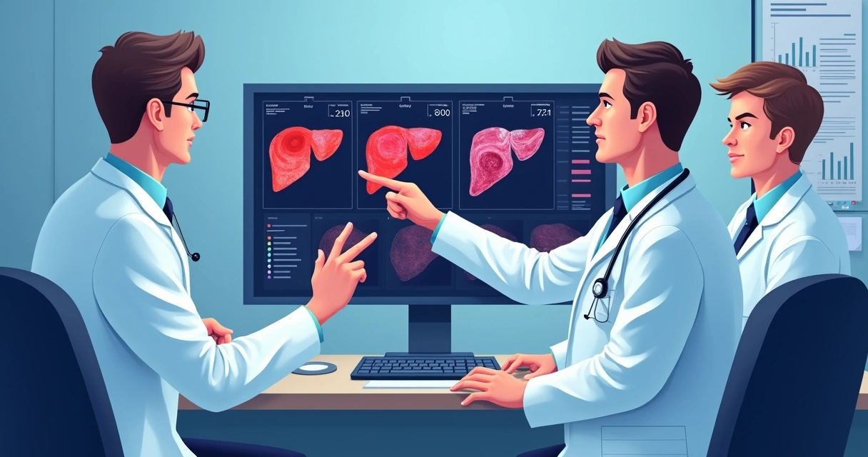 Médicos analisando exames de imagem em sala de avaliação 