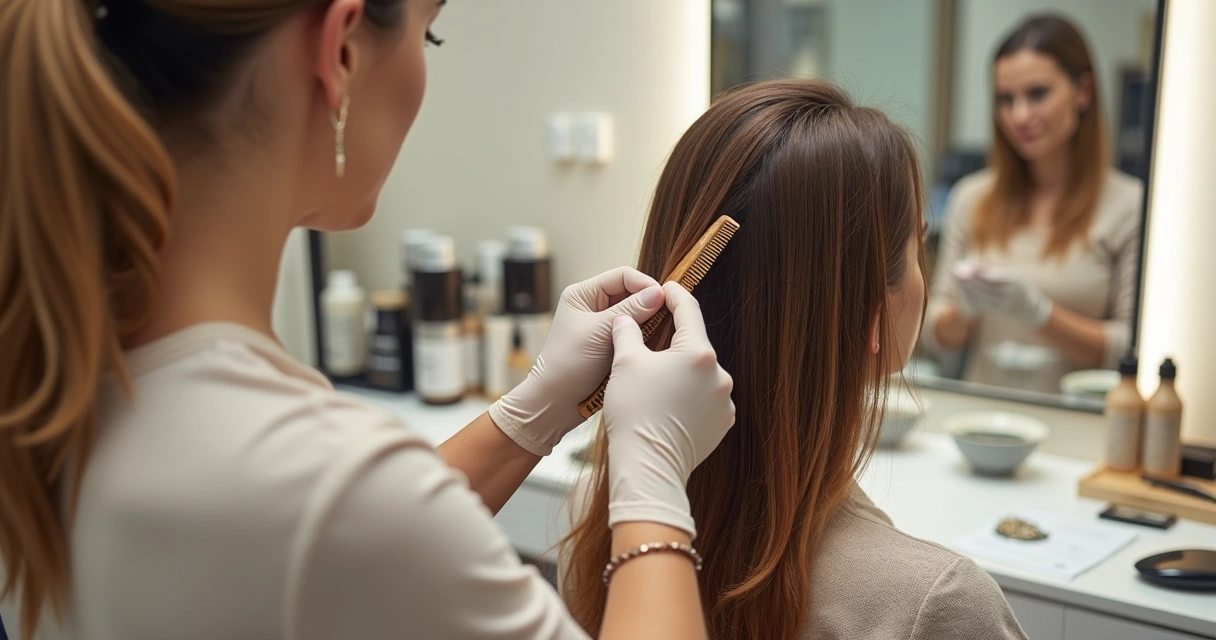 Profissional avaliando mechas de cabelo em salão 