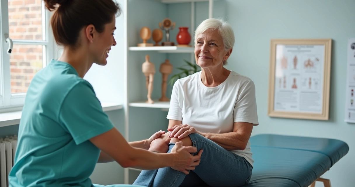 Fisioterapeuta avaliando joelho de pessoa madura sentada 