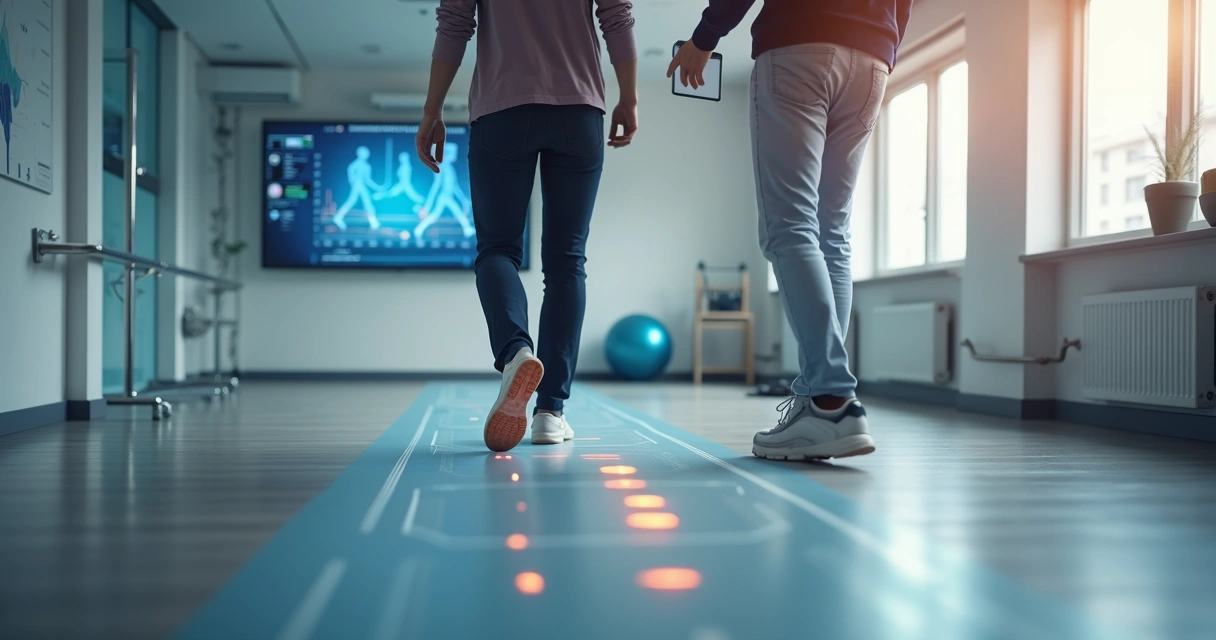 Fisioterapeuta avaliando equilíbrio de paciente com suporte tecnológico ao fundo 
