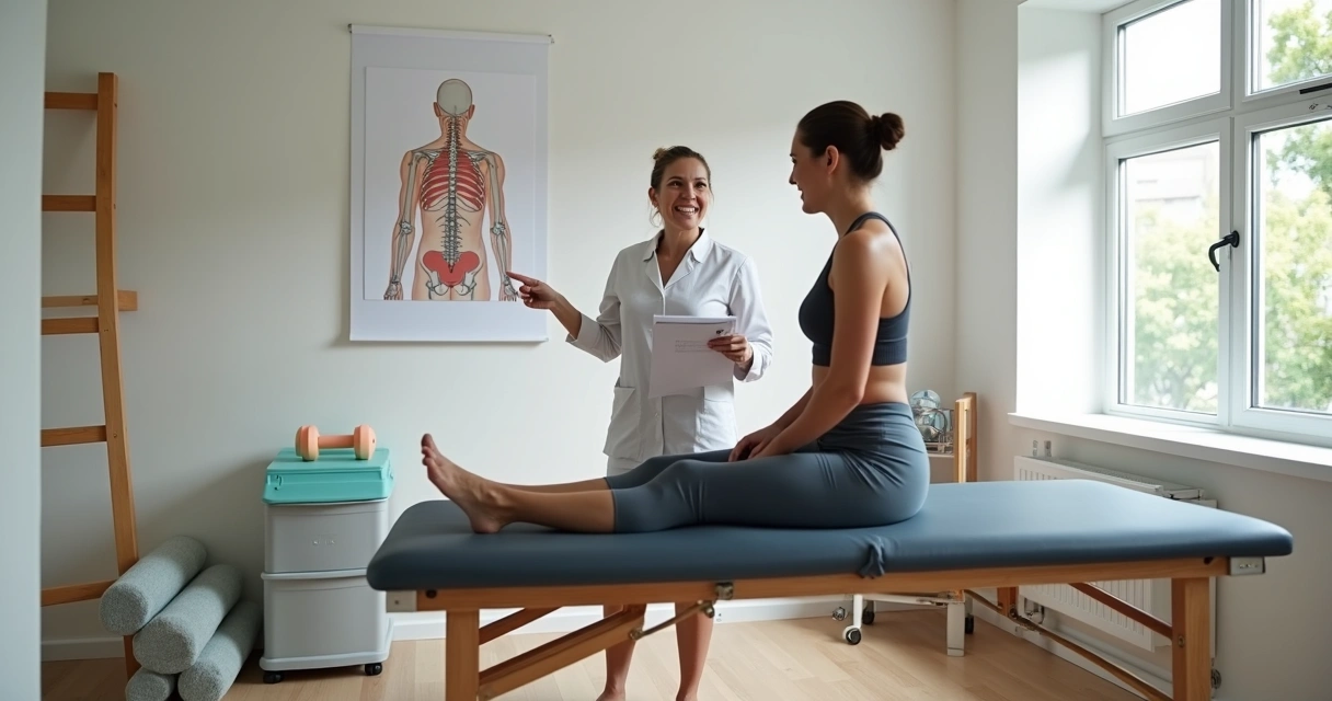 Fisioterapeuta explicando plano de tratamento para paciente em sala de fisioterapia 