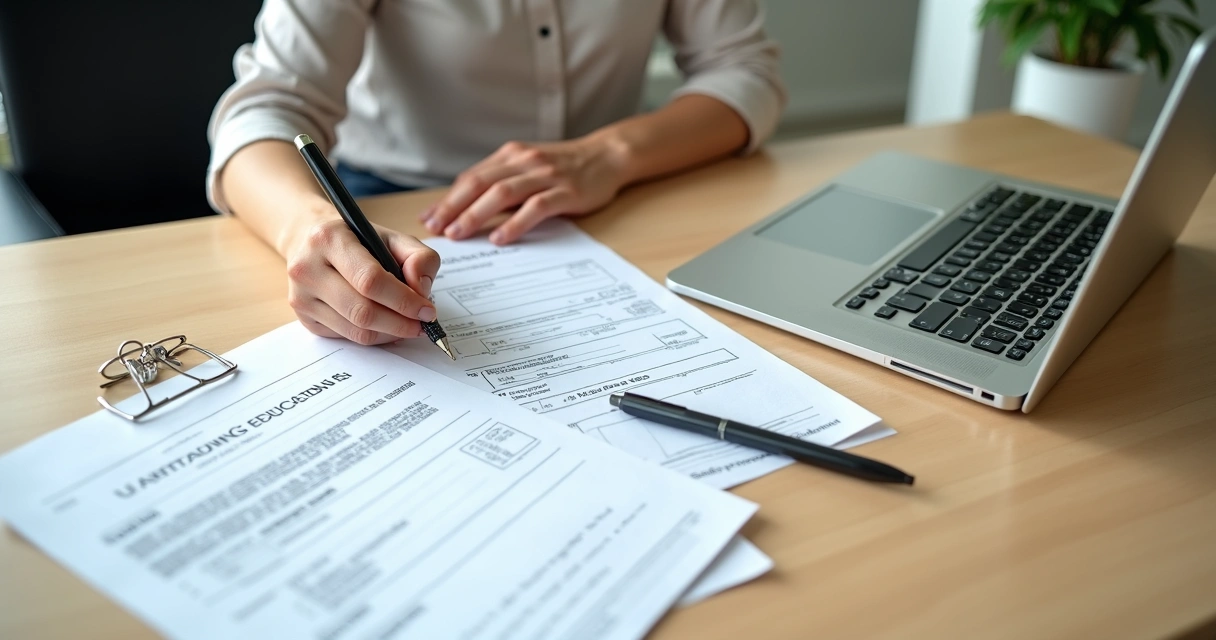 Pessoa lendo documentos sobre cursos em uma mesa de madeira clara, com laptop e anotações 