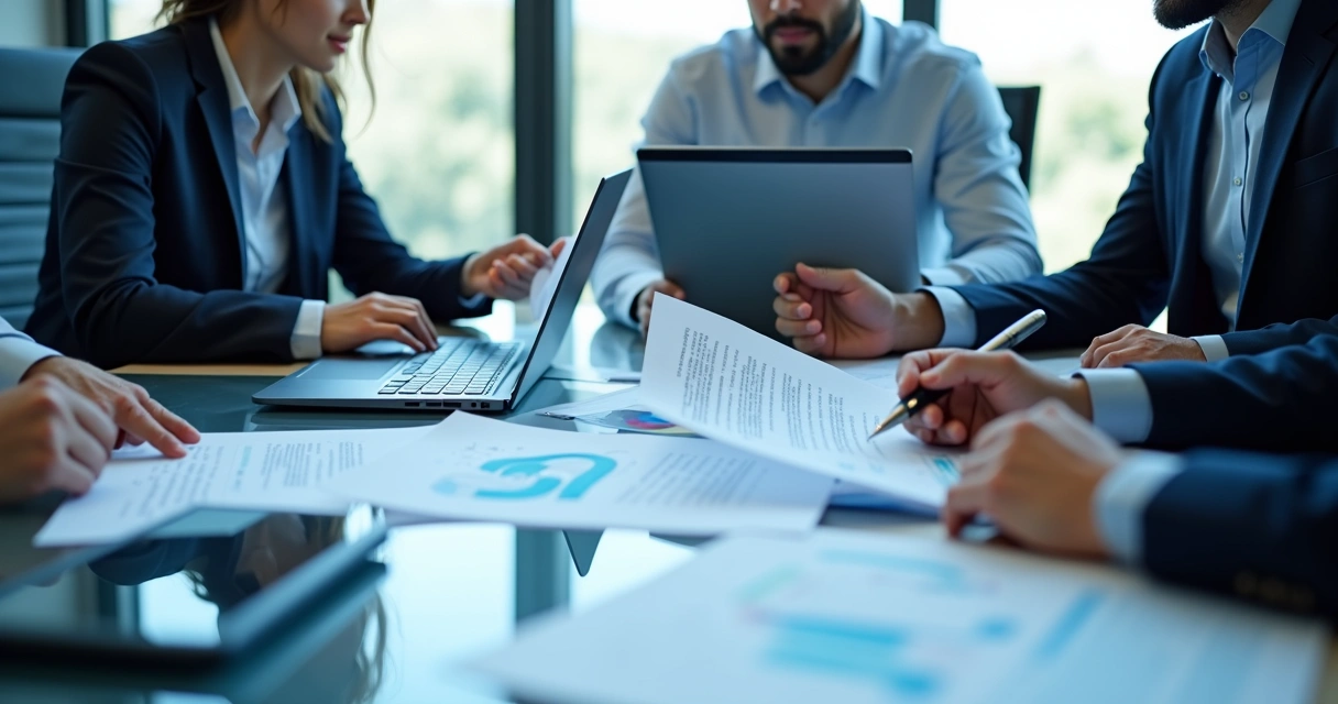 Equipe de análise avaliando documentos de fornecedores em reunião