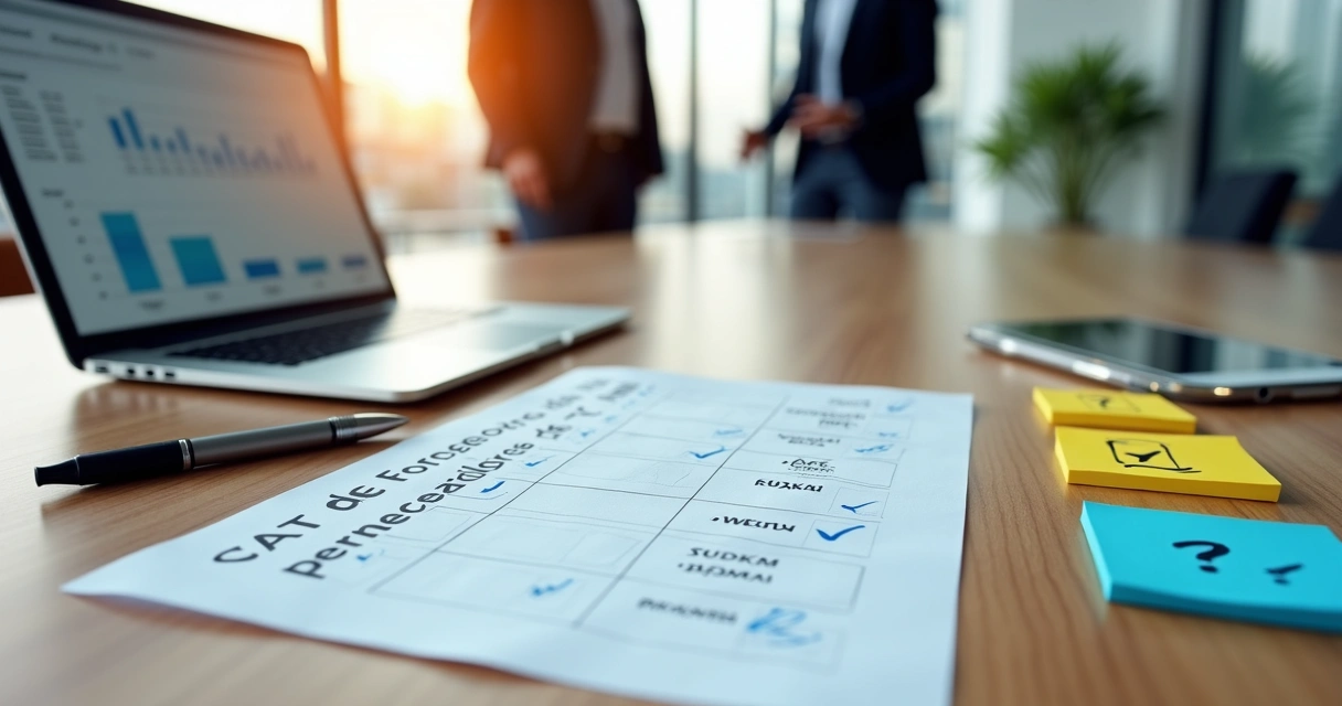 Mesa com checklist de avaliação de fornecedor de TI ao lado de dispositivos digitais 